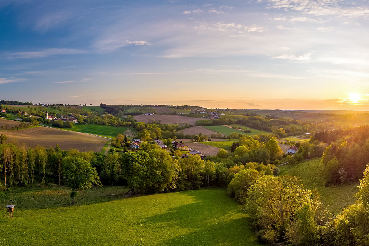 Blick über Felder und Wiesen