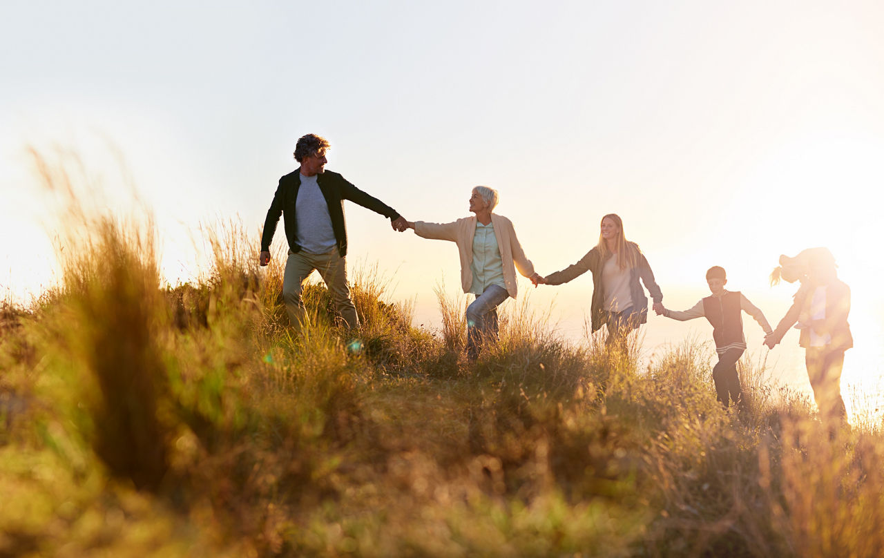 Aufnahme einer Mehrgenerationen-Familie, die bei Sonnenuntergang Hand in Hand über ein Feld geht