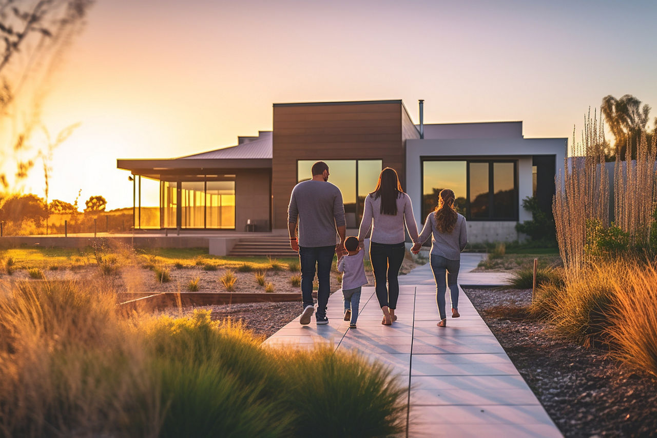 Familie läuft Hand in Hand im Sonnenuntergang auf ihr Haus zu