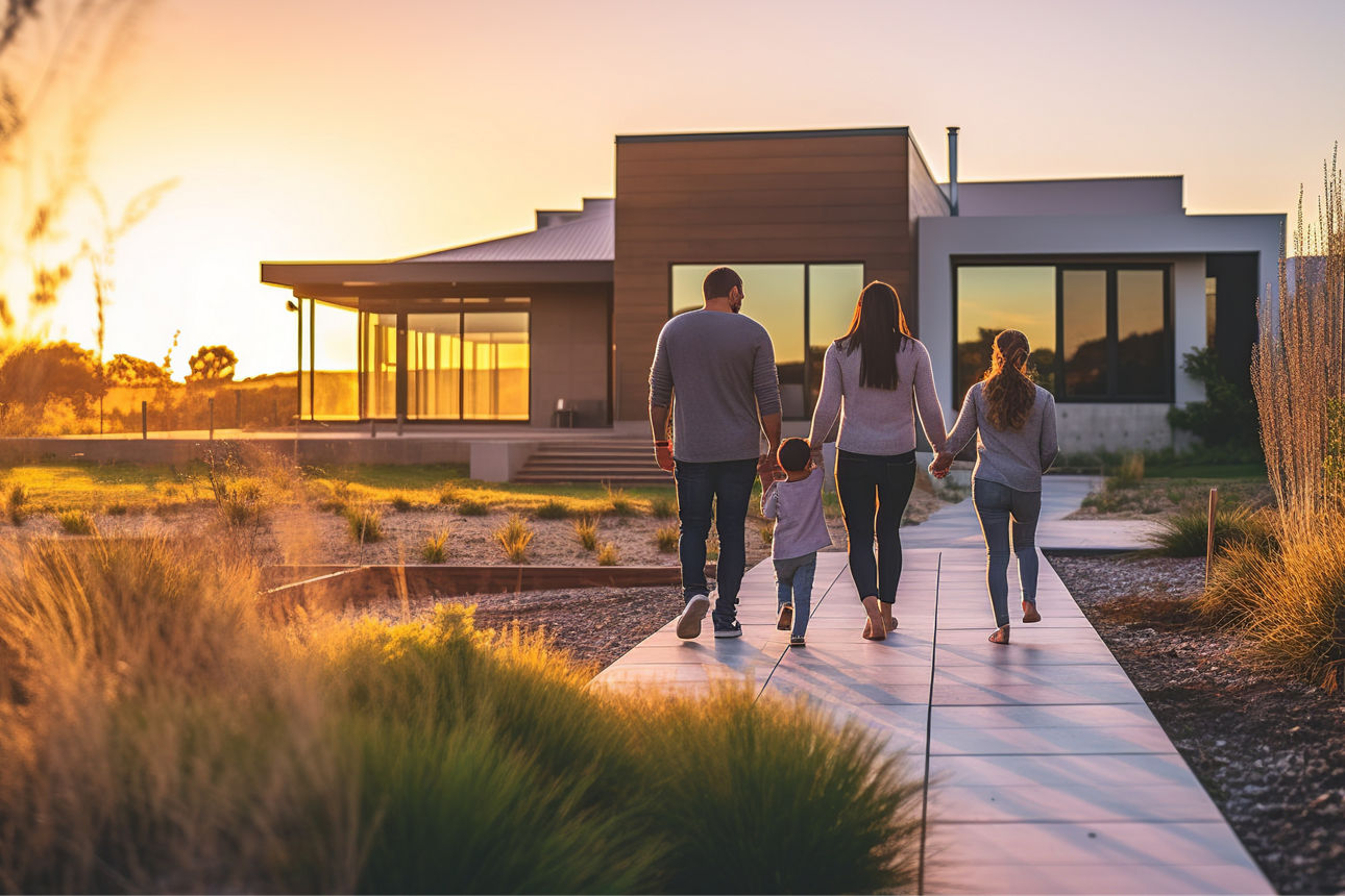 Familie läuft Hand in Hand im Sonnenuntergang auf ihr Haus zu