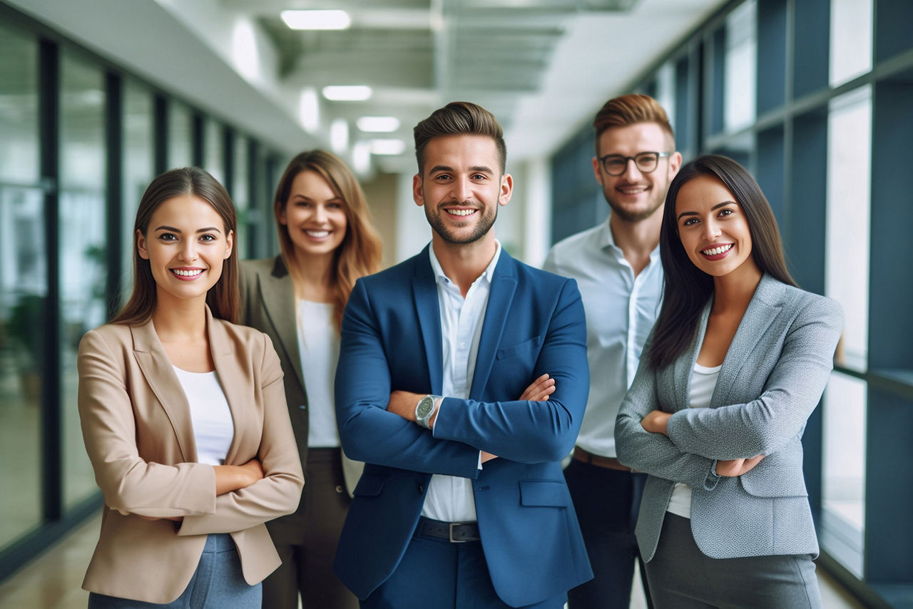 Fünf Teamkollegen stehen im Büro und schauen in die Kamera