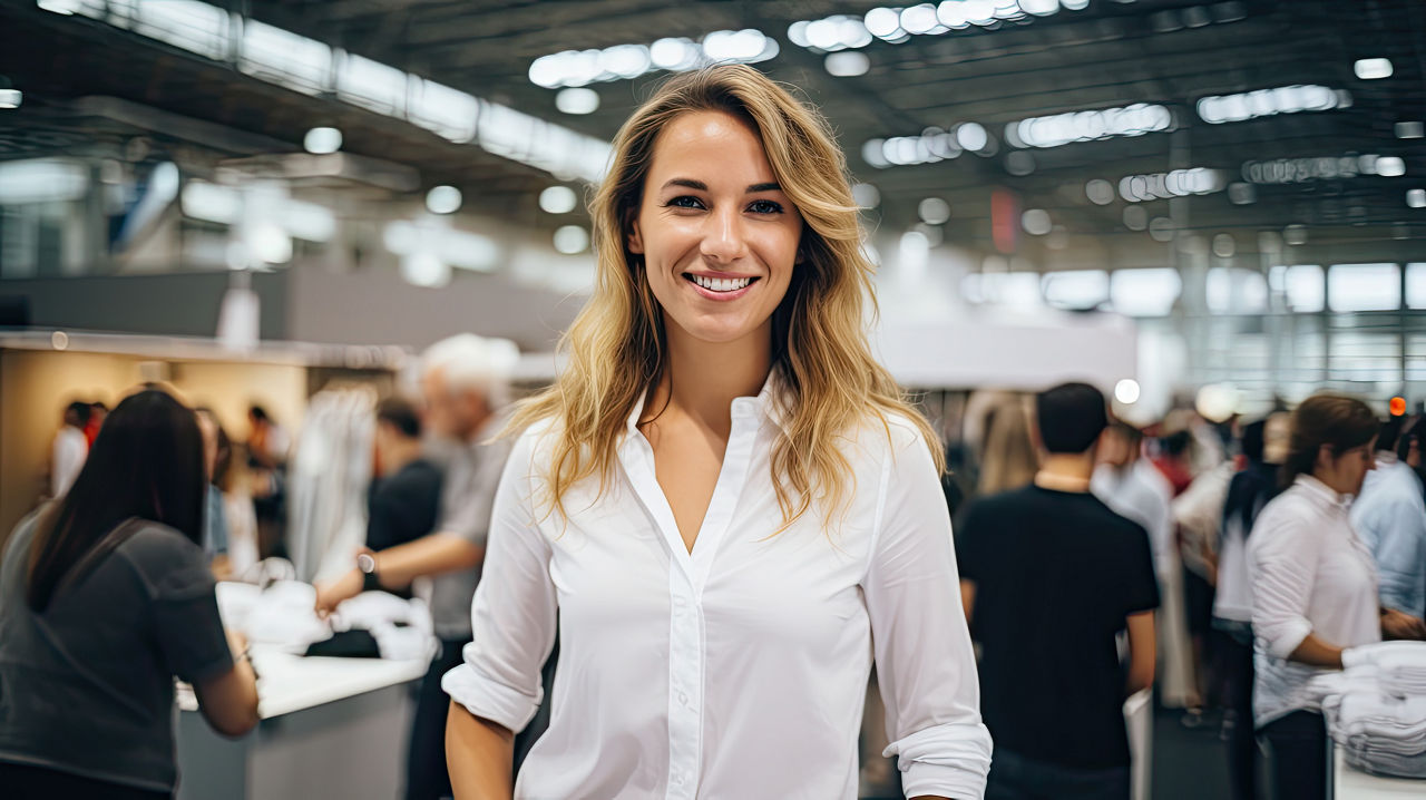 Frau in einer großen Messehalle im Hintergrund viele weitere Personen