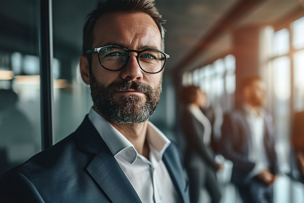 Mann im Anzug schaut in die Kamera. Im Hintergrund sind Kollegen zu sehen.
