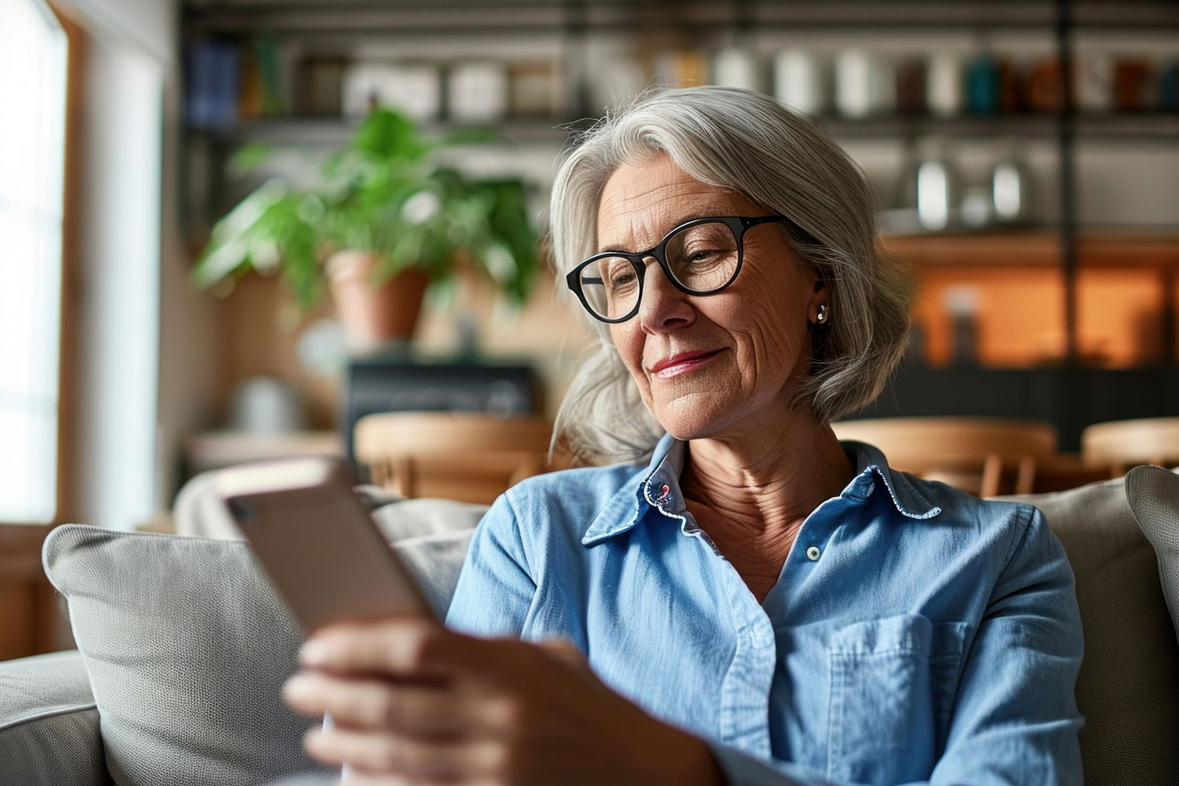 Eine Dame mit Brille schaut zuhause auf ihr Telefon