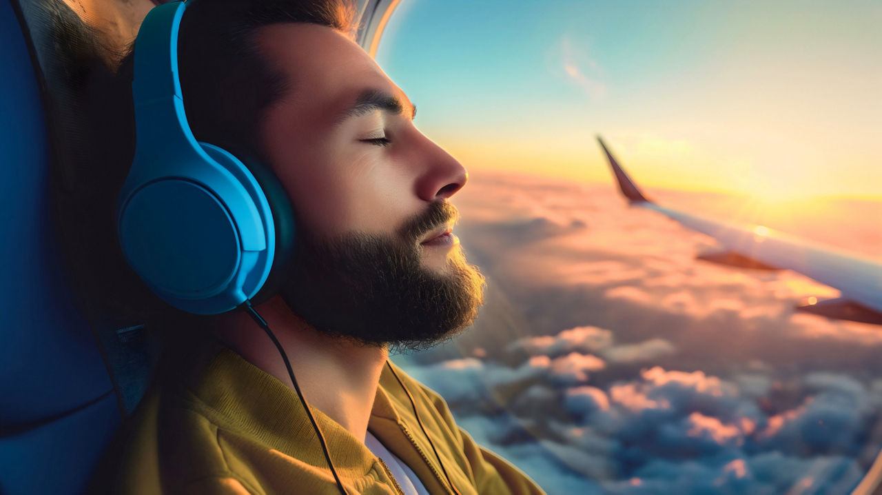 Ein Mann mit Kopfhörern entspannt im Flugzeug sitzend