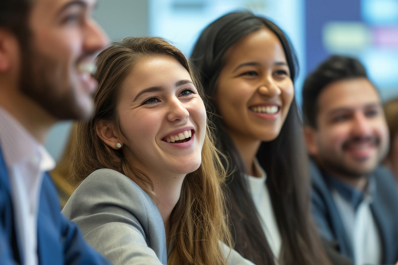 Lächelnde junge Menschen in einer Reihe sitzend