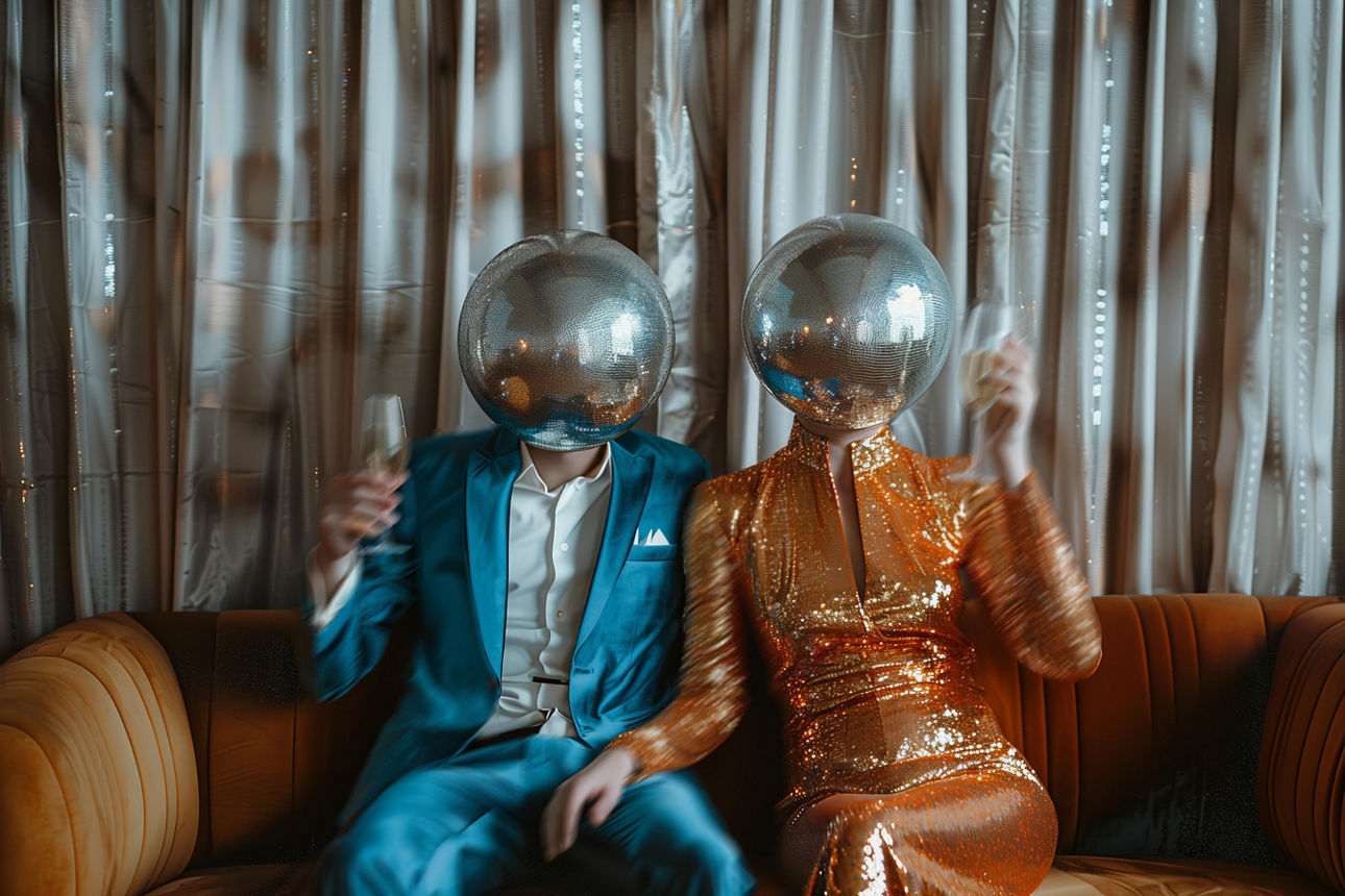 Paar mit Discokugelköpfen sitzt auf dem Sofa, blaue und orangefarbene Töne, festlich, Vorhang im Hintergrund, Retro-Party-Atmosphäre