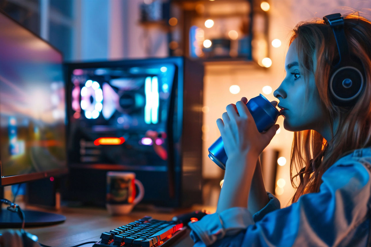 Eine junge Frau sitzt mit Kopfhörern auf dem Kopf und einer Energy Drink Dose vor dem PC