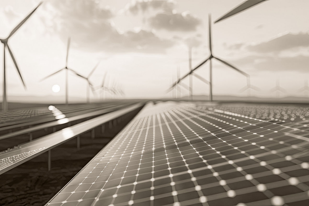 Hier sind Solarpanels und Windräder zu sehen