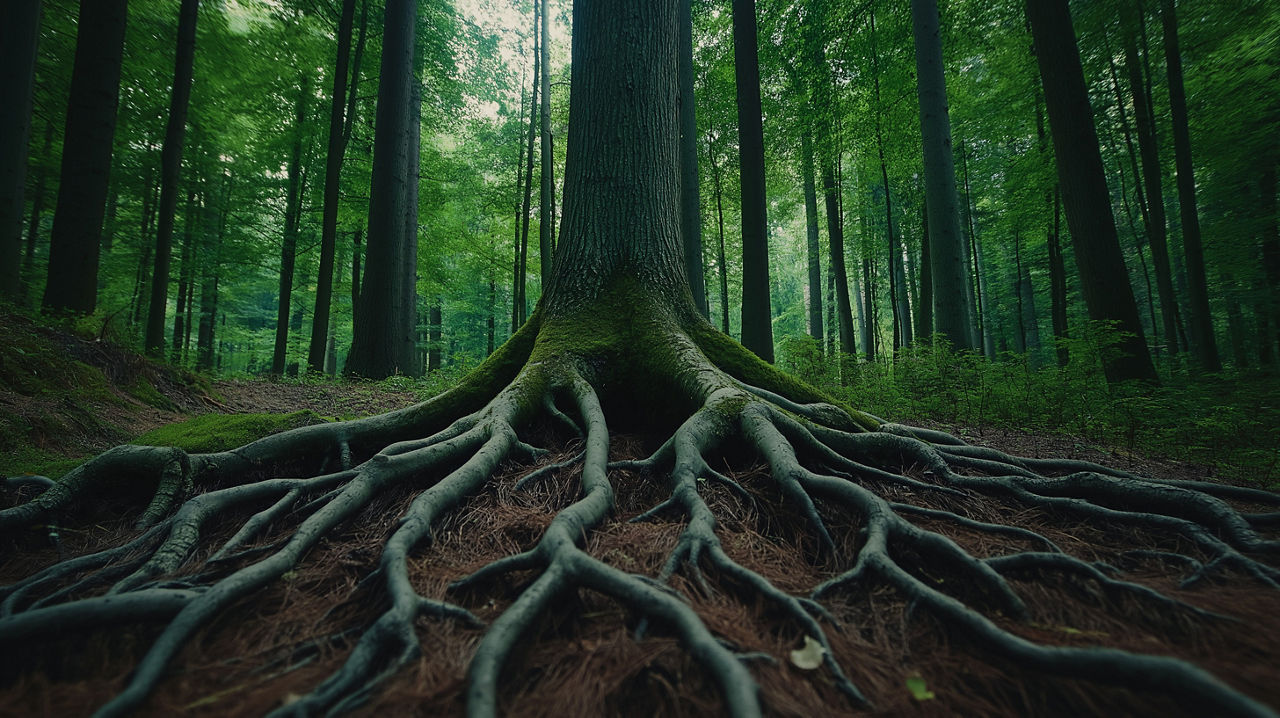 Ein grüner Baum im Wald dessen Baumstamm im Vordergrund steht aufgrund seiner stark ausgesprägten Wurzeln