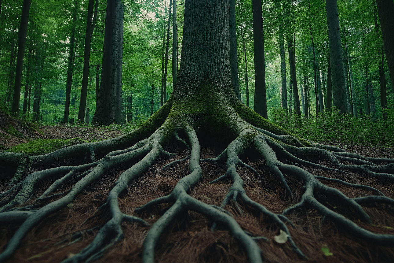 Wurzeln schlagen im Erdreich. Es ist ein massiver Baum zu sehen.