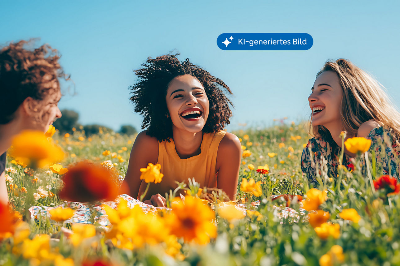 Drei Frauen liegen auf einer Blumenwiese in der Sonne und lachen. Hinweis: KI-generative Grafik