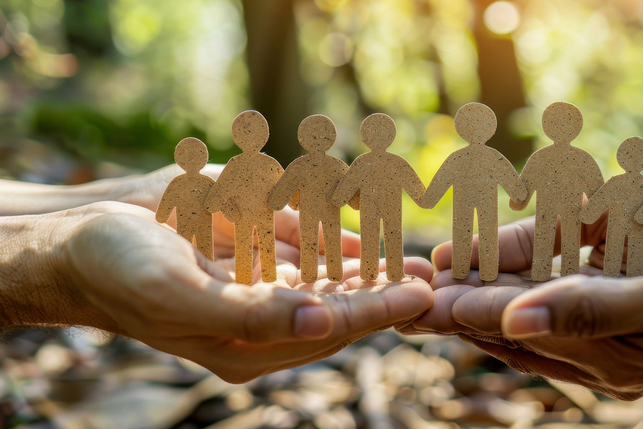 Zwei Hände halten eine Kette aus menschenförmigen Holzfiguren vor sonniger Natur, symbolisch für Gemeinschaft und Zusammenhalt.