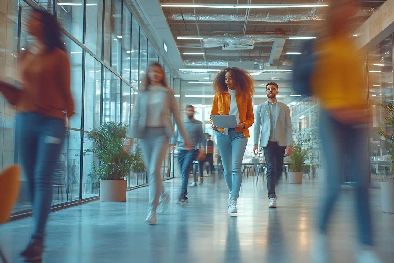 Multiethnisches Startup-Business-Team trifft sich in einem modernen, hellen, offenen Coworking-Büro. Brainstorming am Laptop.