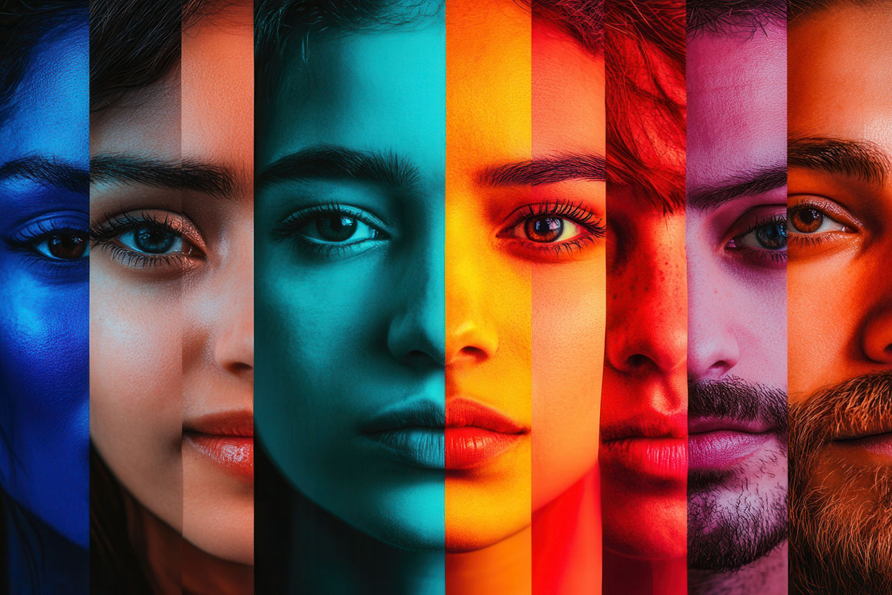 Die Gesichter verschiedener Personen sind visuell durch eine Barriere verschiedener Farben getrennt.