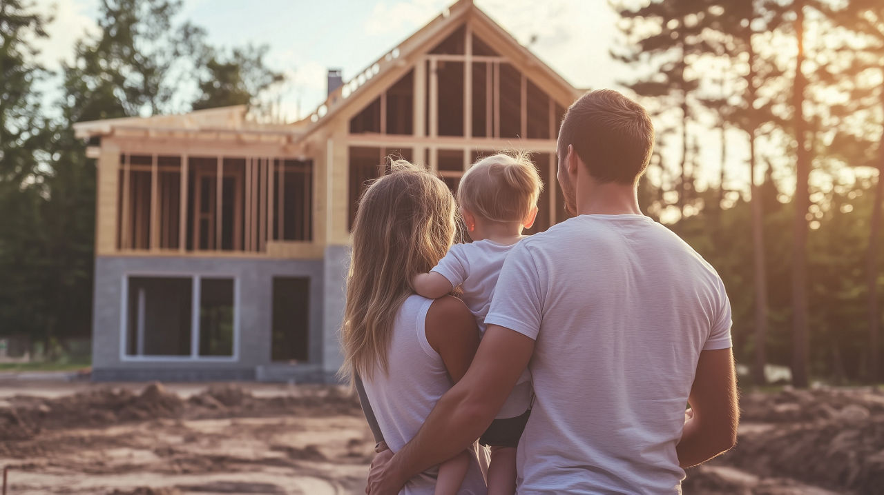 Familie steht vor Rohbau 