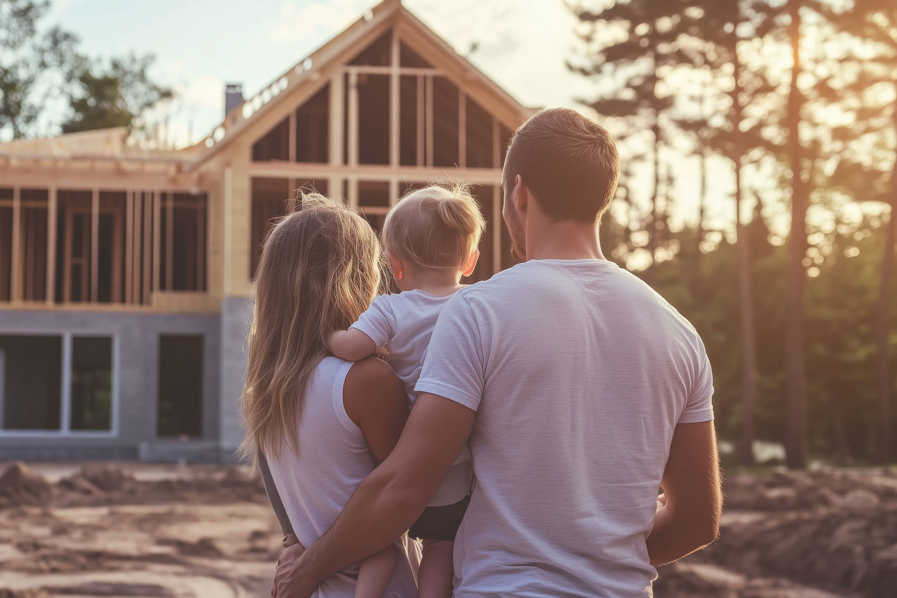 Familie steht vor Rohbau 