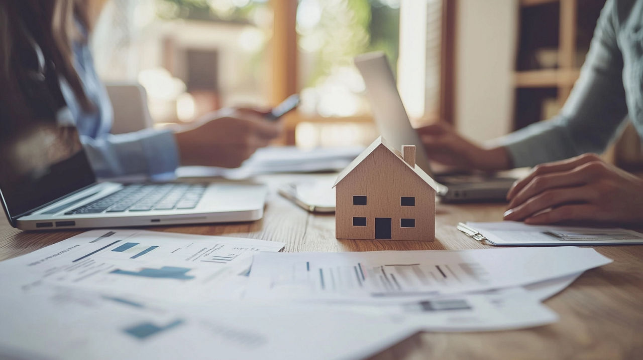 A collaborative workspace with a wooden house model on documents, laptops, and people discussing real estate or home-related 