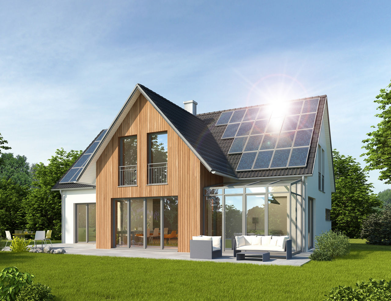 Einfamilienhaus mit Garten und Photovoltaikanlage auf dem Dach.