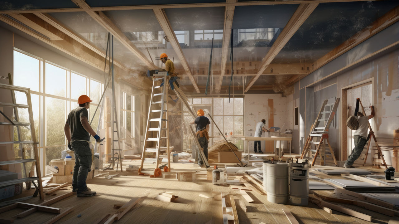 Handwerker, ausgerüstet mit Werkzeugen, arbeiten in einem großen Raum eines Rohbaus.