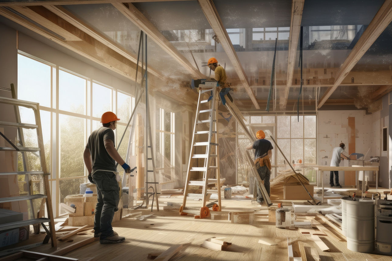 Handwerker, ausgerüstet mit Werkzeugen, arbeiten in einem großen Raum eines Rohbaus.
