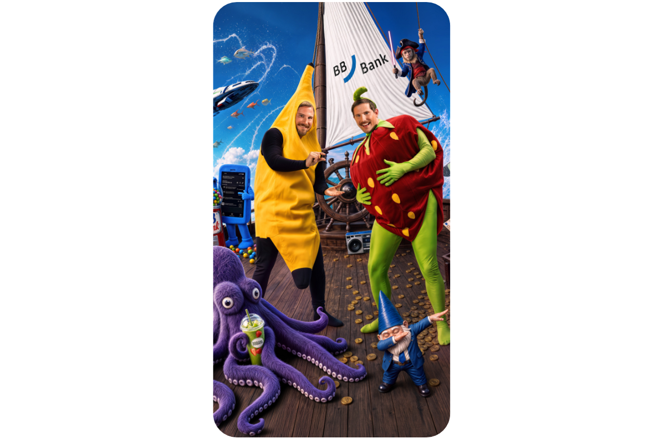 Zwei Männer stehen in einem Bananen-/ und einem Erdbeerenkostüm auf einem Schiff.