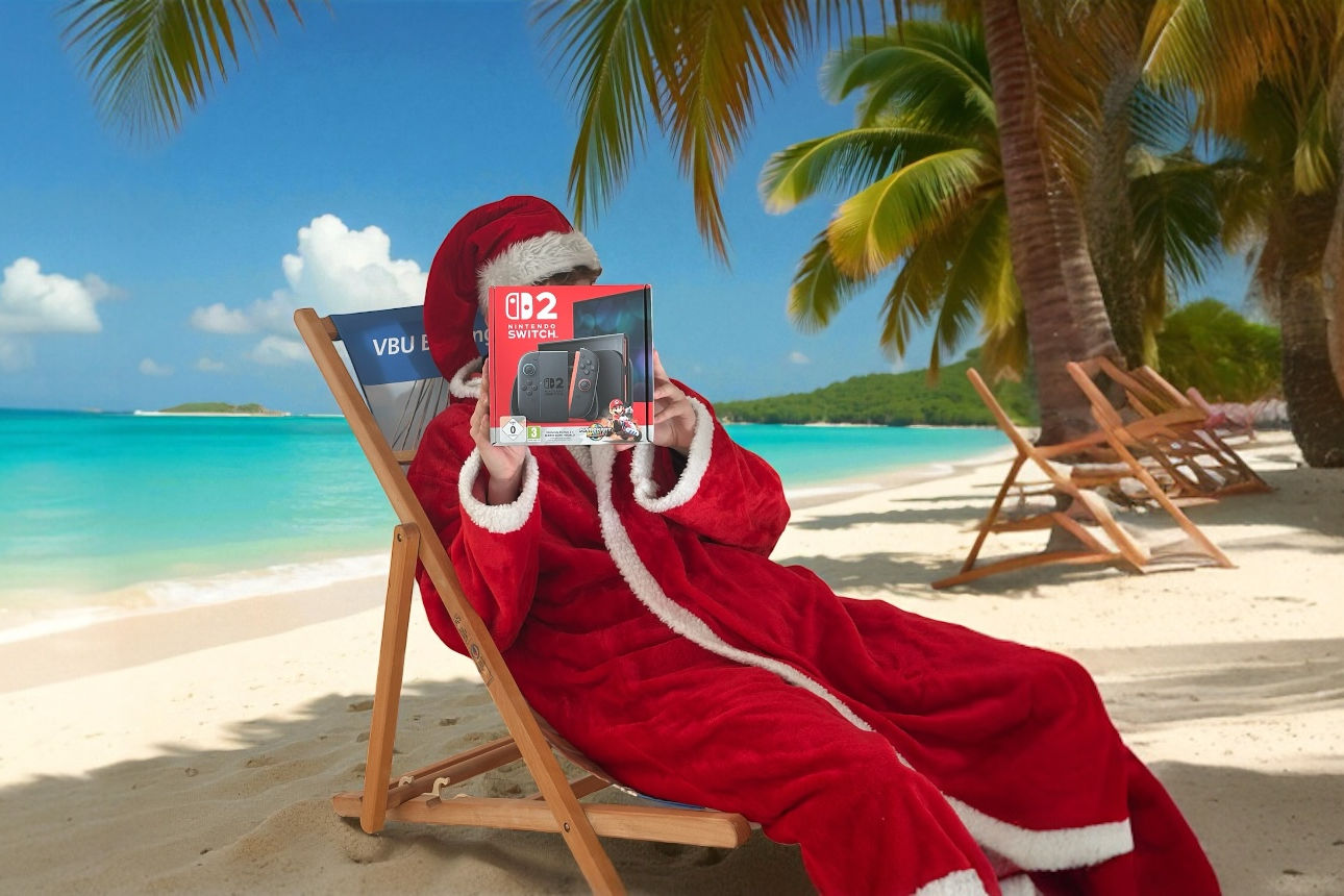 Der Weihnachtsmann liegt in einer Liegestuhl am Strand mit dem Weihnachts-Special Preis