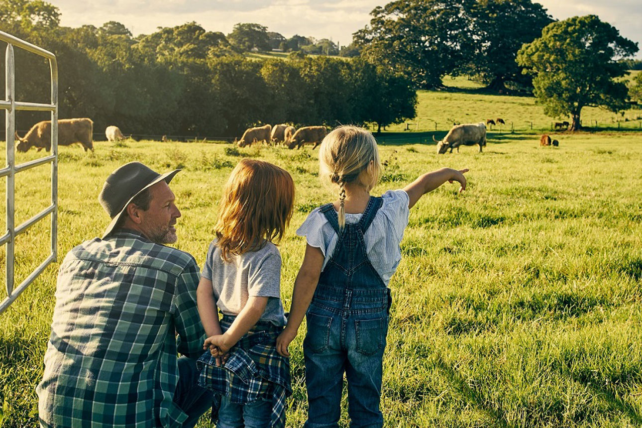 Vater mit Kindern auf einer Kuhweide