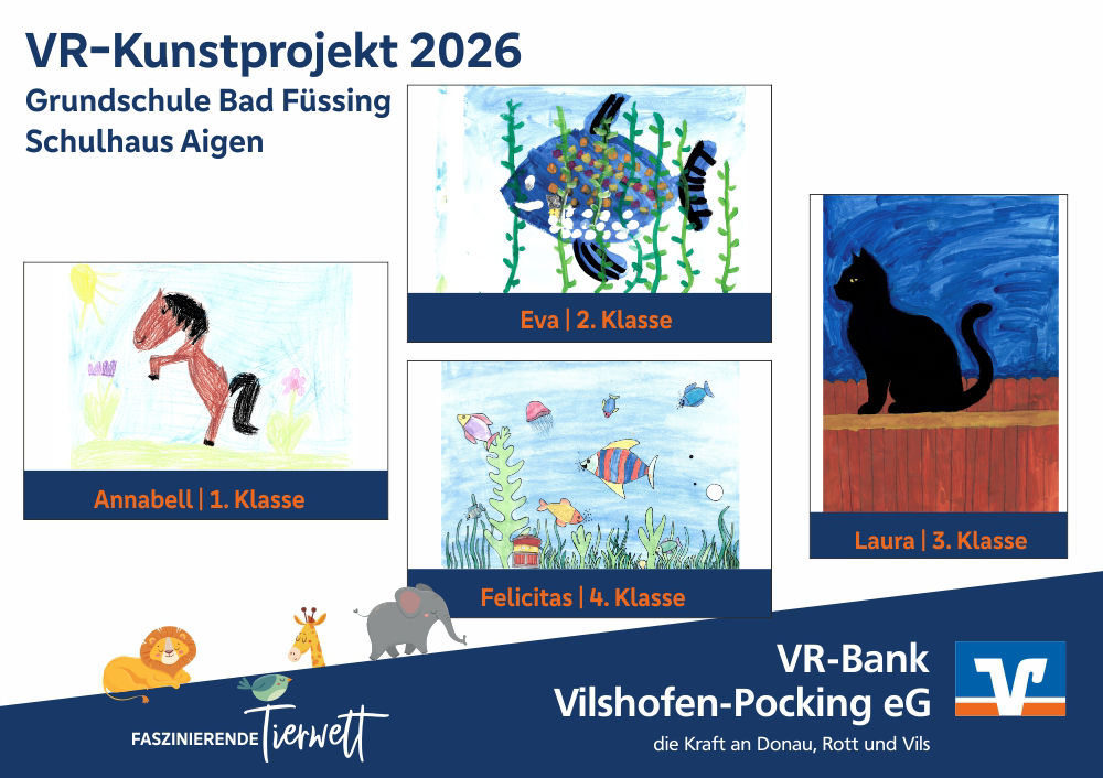 Die vier Gewinnerbilder VR-Kunstprojekt 2026, Schulhaus Aigen: Regenbogenfisch, Pferd, Unterwasserwelt, Katze.