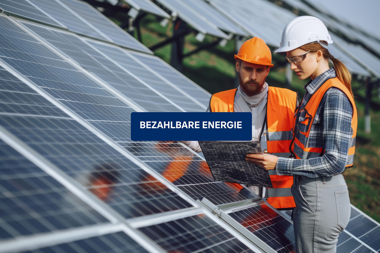 Zwei Fachkräfte mit Helmen prüfen Solarmodule. Text: „Bezahlbare Energie“.