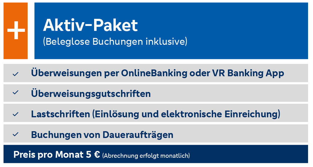 Aktiv-Paket mit beleglosen Buchungen: Überweisungen, Gutschriften, Lastschriften, Daueraufträge, 5 Euro/Monat.