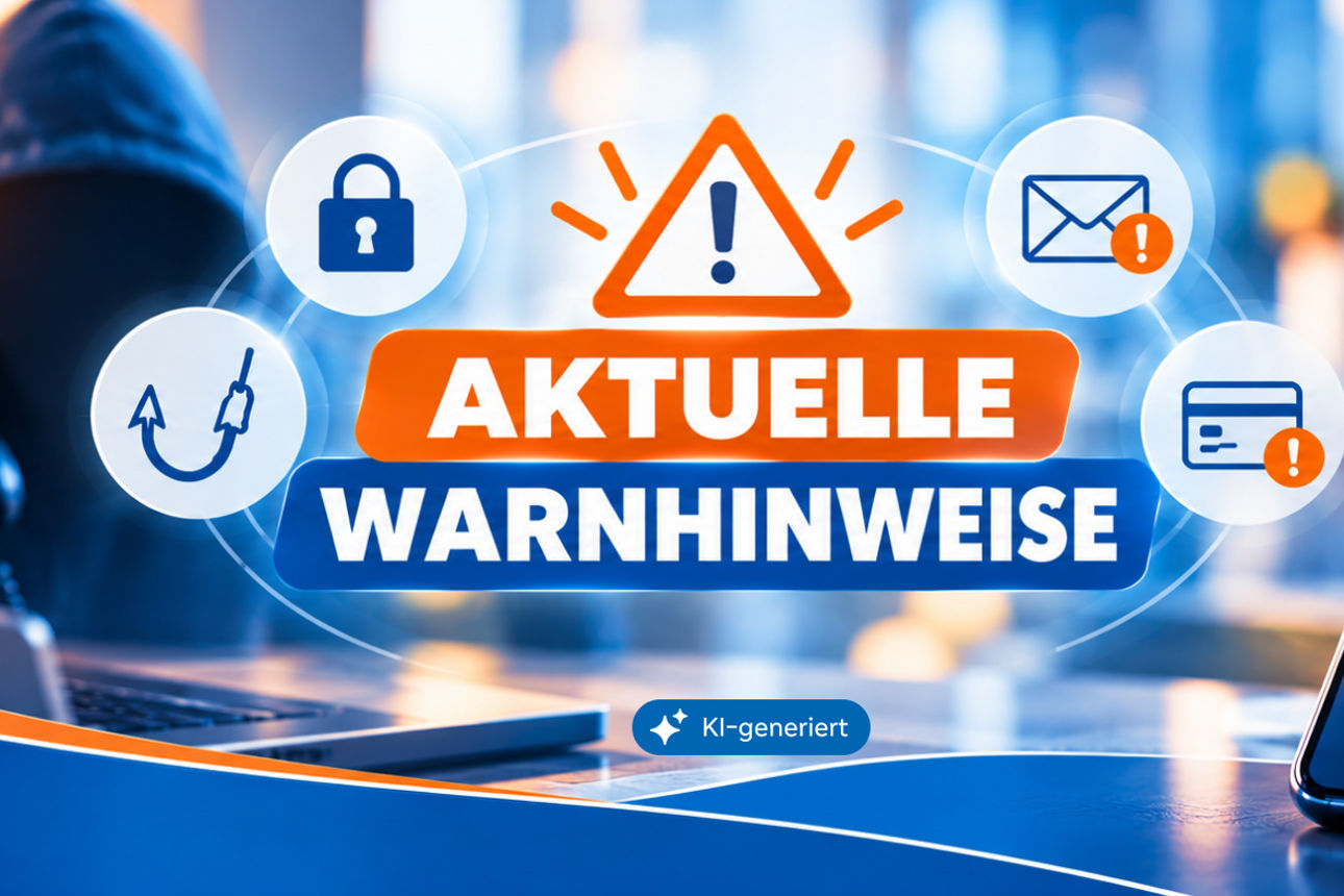 KI generiertes Bild Warnbanner in Blau und Orange mit Warnsymbol, Smartphone, Phishing-Symbolen und einer vermummten Person