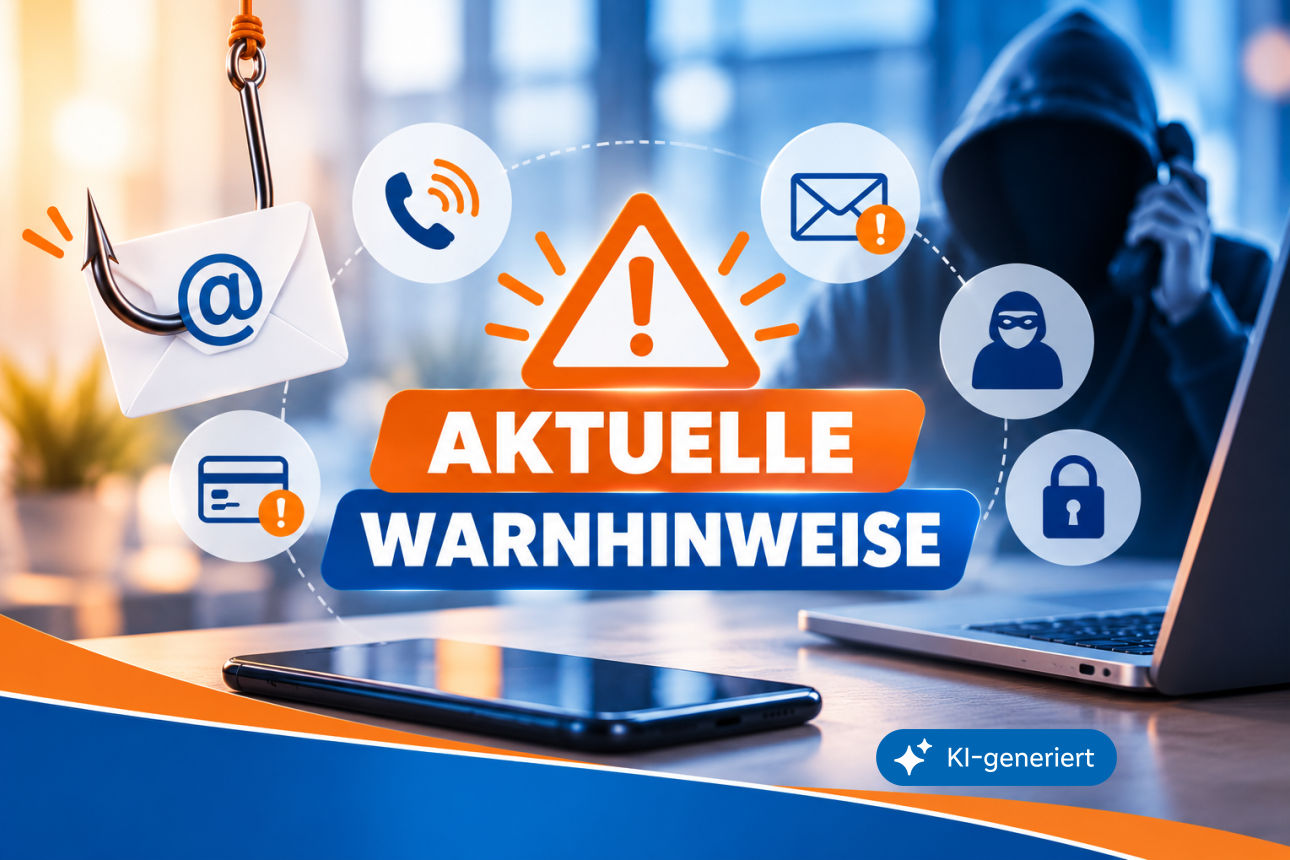KI generiertes Bild Warnbanner in Blau und Orange mit Warnsymbol, Smartphone, Phishing-Symbolen und einer vermummten Person
