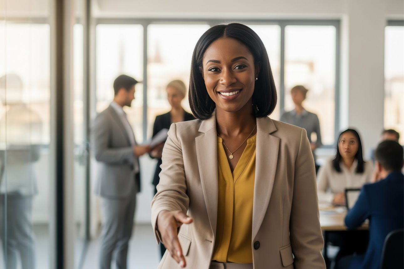 Eine lächelnde Frau, die ihre Hand zur Begrüßung reicht. Im Hintergrund sind viele arbeitende Menschen in Anzügen.