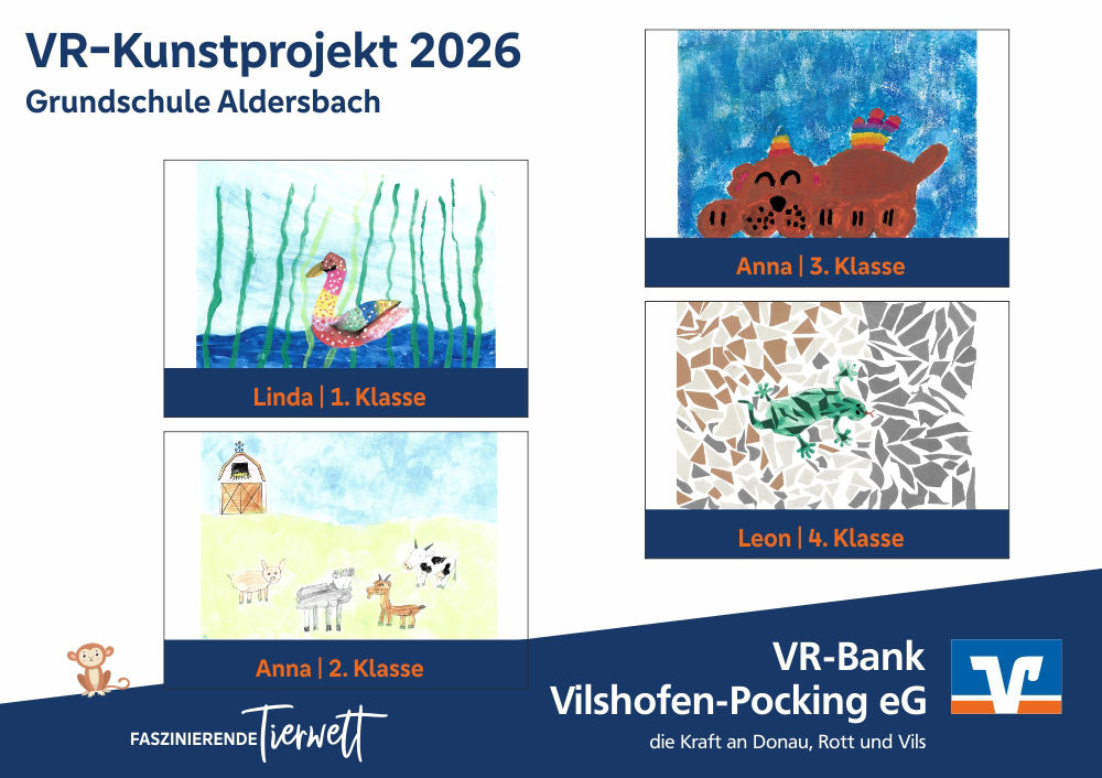 Die vier Gewinnerbilder VR-Kunstprojekt 2026, Grundschule Aldersbach: Fantasie-Ente, Hund, Bauernhof-Szene, Gecko.