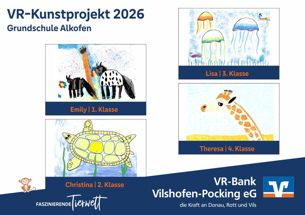 Die vier Gewinnerbilder VR-Kunstprojekt 2026, Grundschule Alkofen: Pferde, Quallen, Schildkröte, Giraffe.