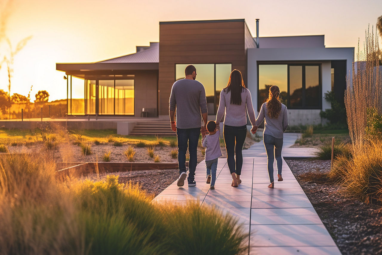Familie geht im Sonnenuntergang auf Ihr Haus zu. 