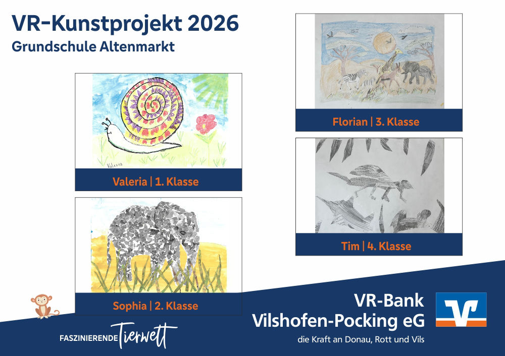 Die vier Gewinnerbilder VR-Kunstprojekt 2026, Grundschule Altenmarkt: Schnecke, Savannen-Szene, Elefant, verschiedene Tier-Skizzen.