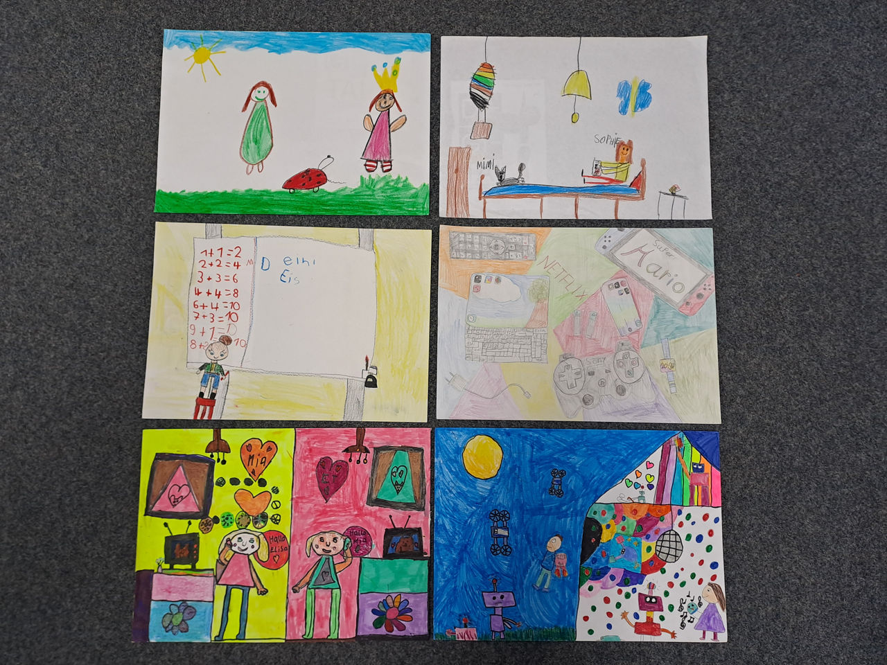 6 gemalte Bilder von Kindern der Klassen 1 und 2