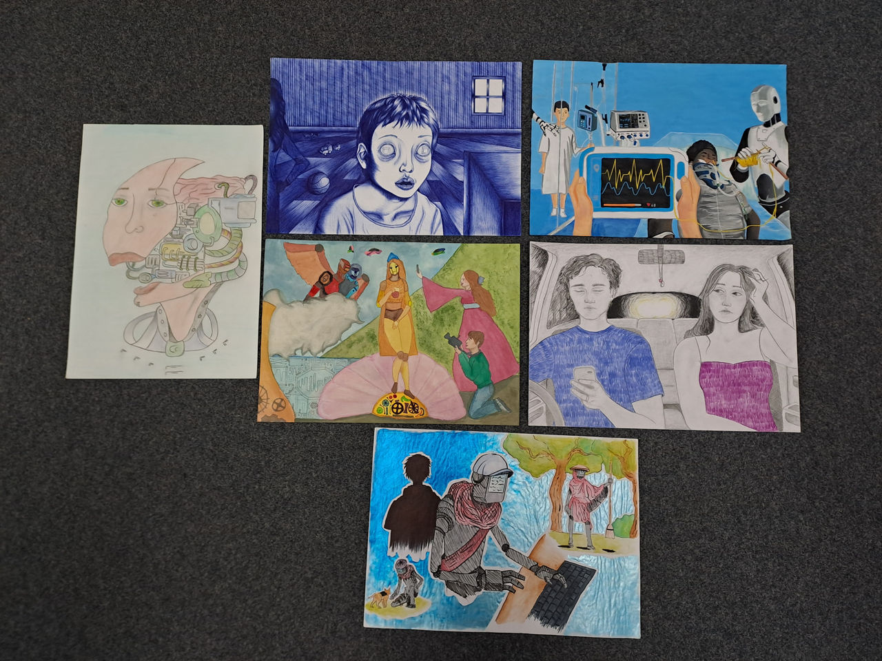 6 gemalte Bilder von Kindern der Klassen 10 bis 13