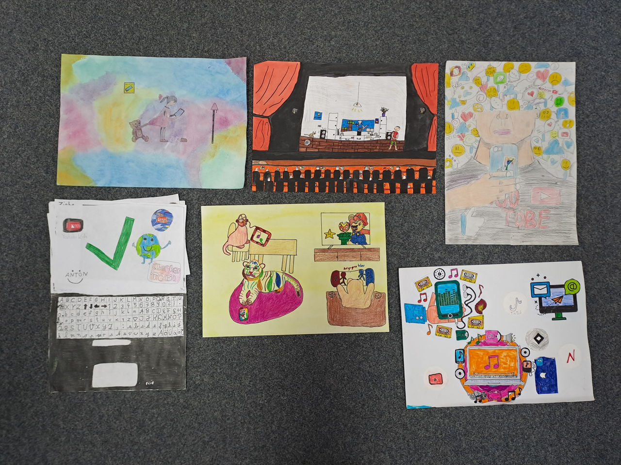 6 gemalte Bilder von Kindern der Klassen 3 und 4
