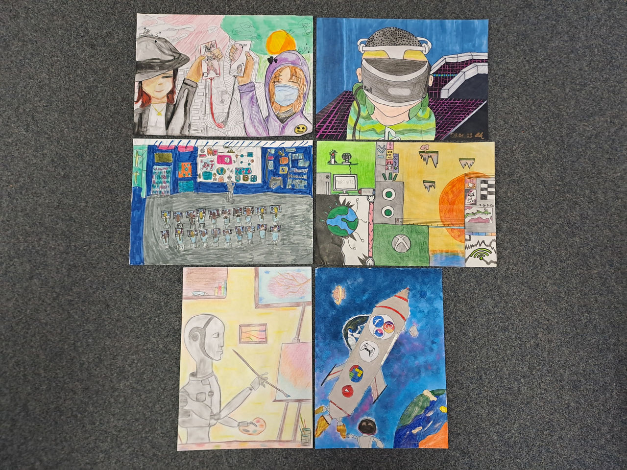 6 gemalte Bilder von Kindern der Klassen 5 und 6