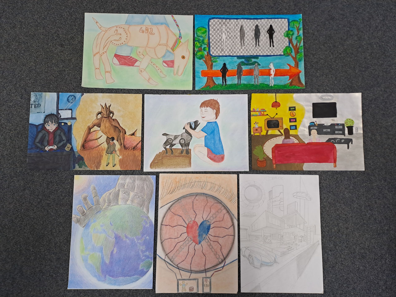 8 gemalte Bilder von Kindern der Klassen 7 bis 9
