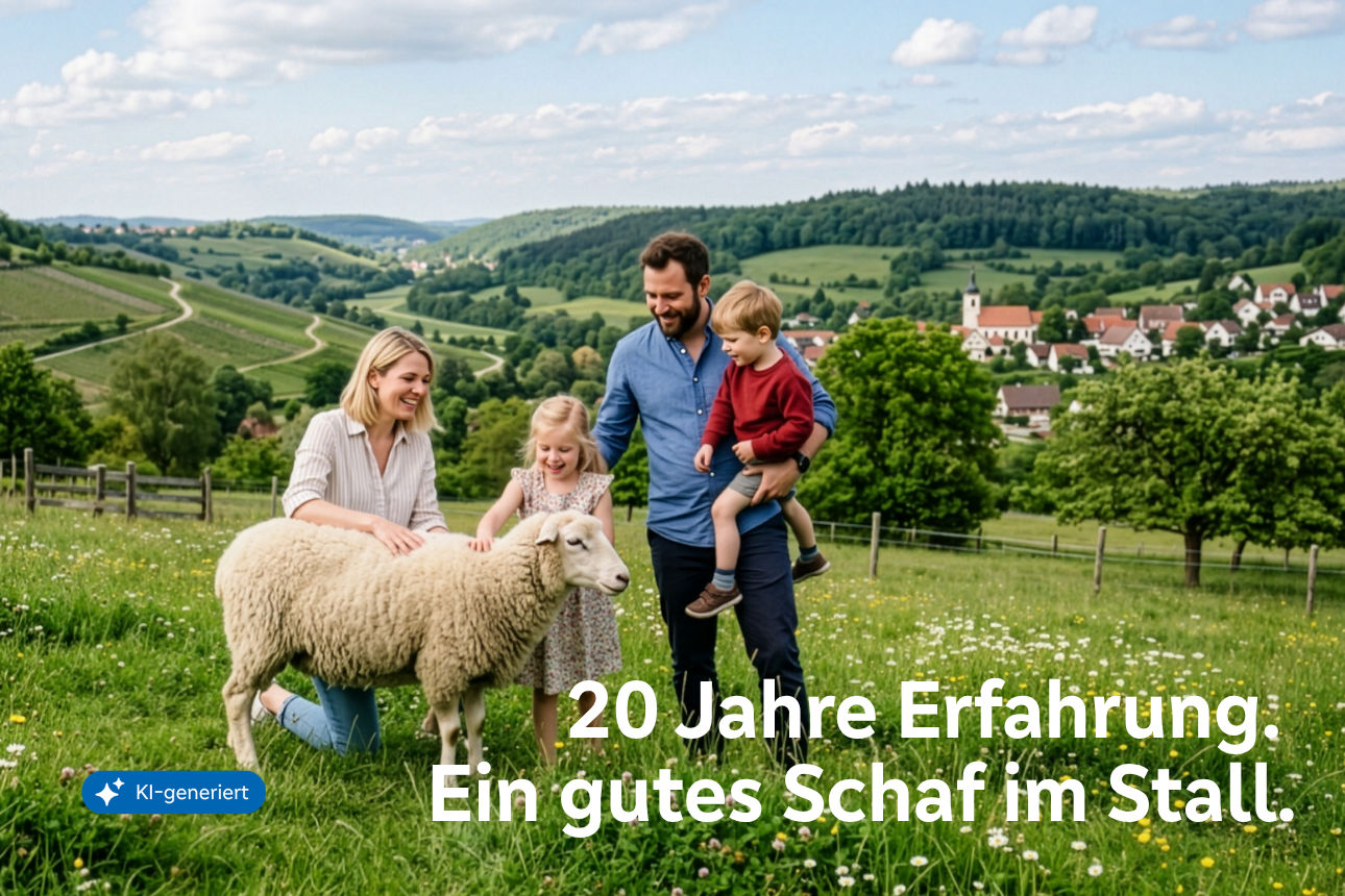 Familie die um ein Schaf steht, in einer ländlichen gegend. Das Bild ist KI generiert.