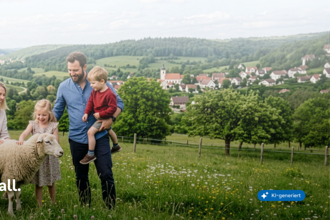 Familie die um ein Schaf steht, in einer ländlichen gegend. Das Bild ist KI generiert.