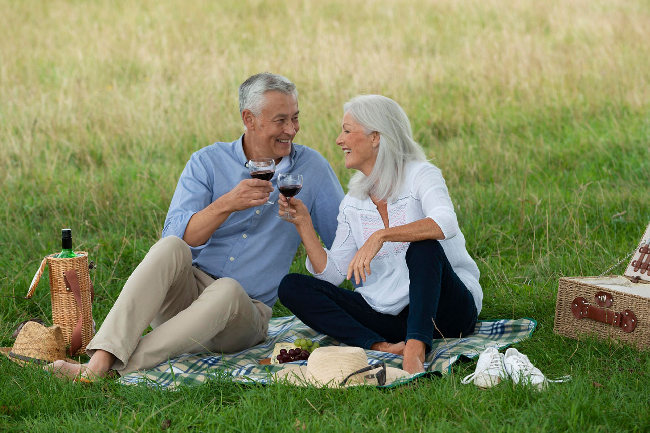 Ein Mann und eine Frau sitzen auf einer Picknick-Decke im grünen Gras und stoßen mit einem Rotwein in zwei Gläsern an