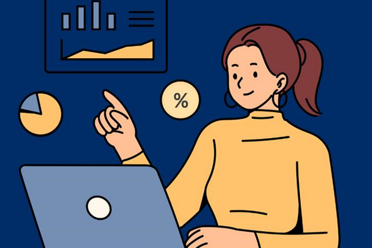 Person arbeitet am Laptop und zeigt auf Diagramme und Prozent‑Symbol.