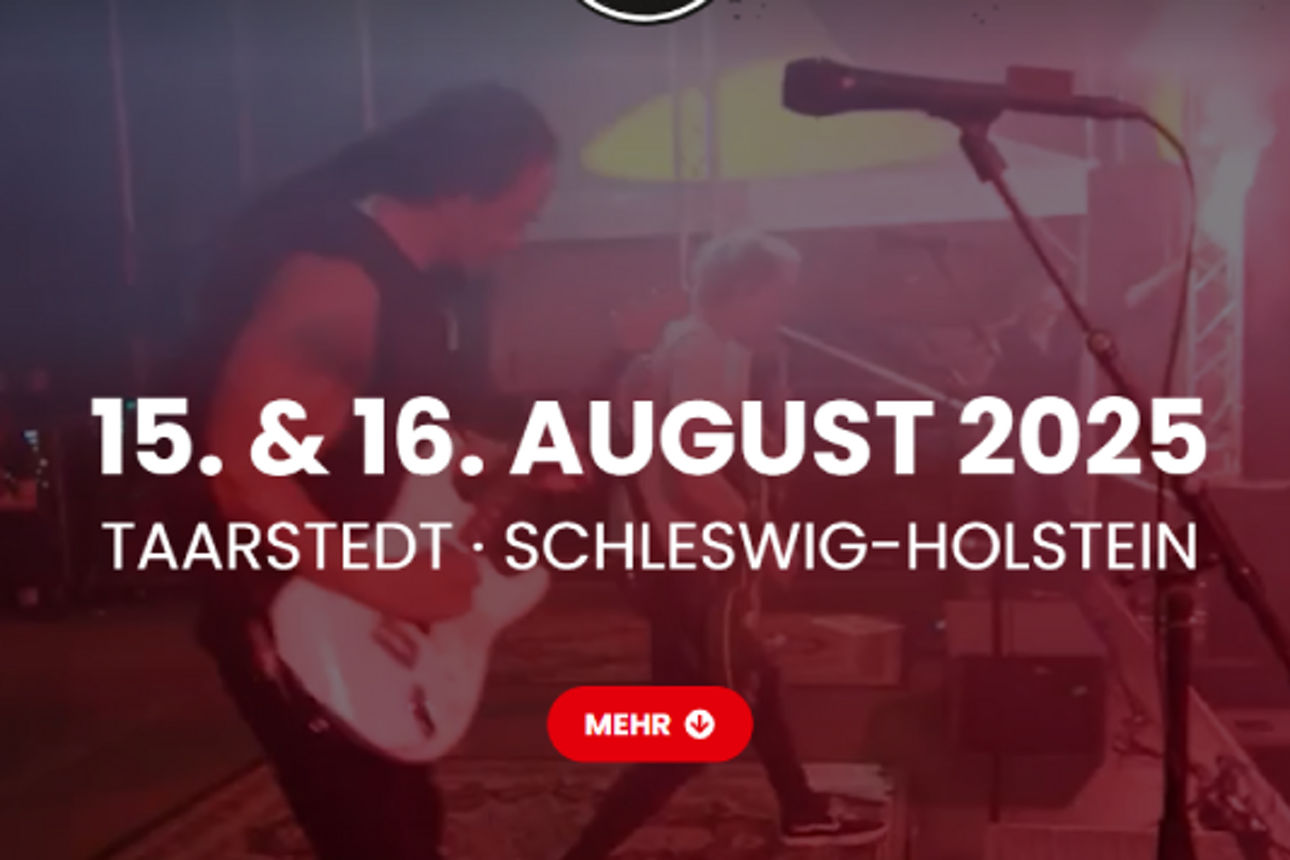 Plakat vom Angeliter Open Air 15. - 16.08. in Taarstedt - Mann mit Gitarre auf Bühne im Hintergrund