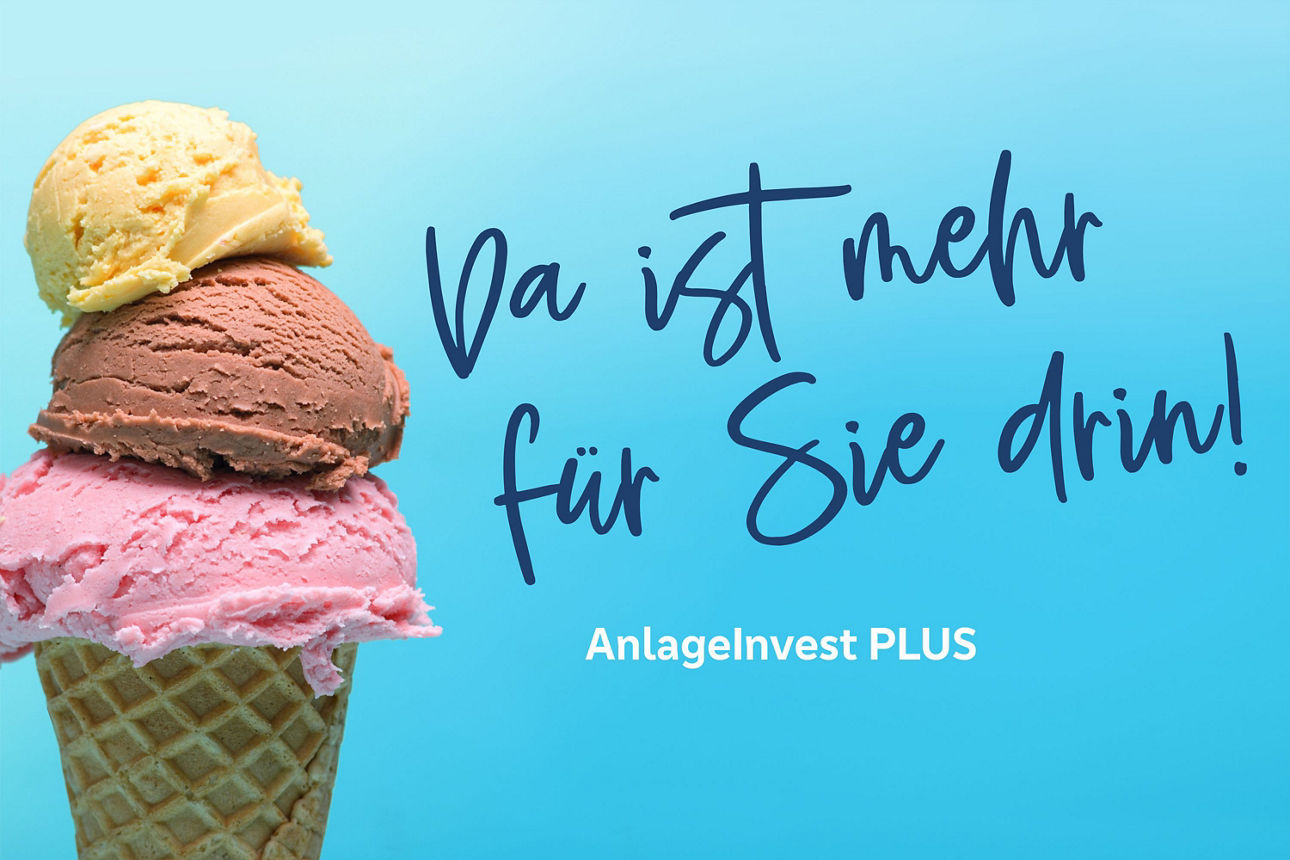 Drei Kugeln Eis in der Waffel mit dem Schriftzug "Da ist mehr für Sie drin!"
