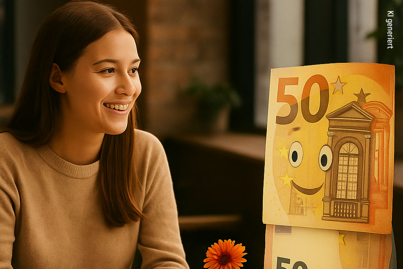 Eine Dame sitzt in einem Geldschein mit einem Gesicht gegenüber